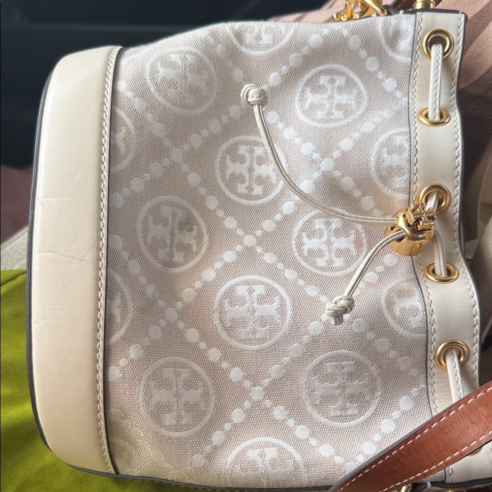 Tory Burch Cream Logo Jacquard Drawstring Bucket Bag with Gold Hardware